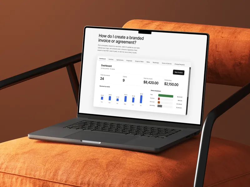 A MacBook on an orange armchair showing the Client Paper Co. client billing dashboard with revenue by month and paid, overdue, and outstanding totals