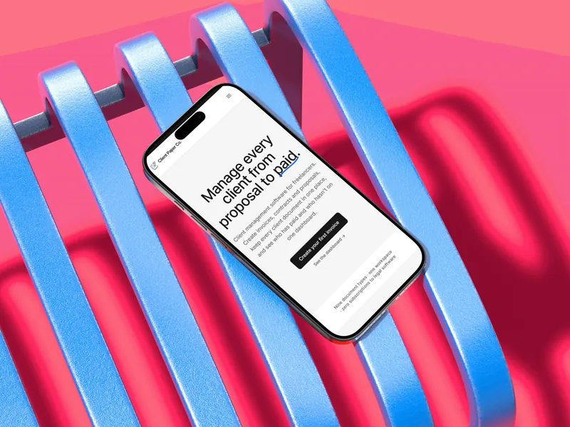 A phone resting on sculptural blue and pink shapes, showing the Client Paper Co. client tracker on its home screen