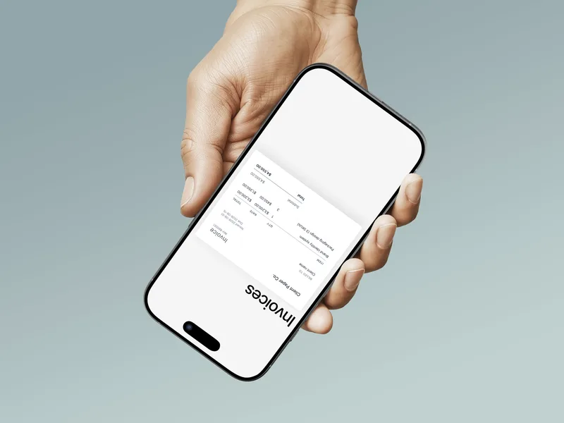 A hand holding a phone showing a Client Paper Co. invoice with itemized rates, quantities, and totals