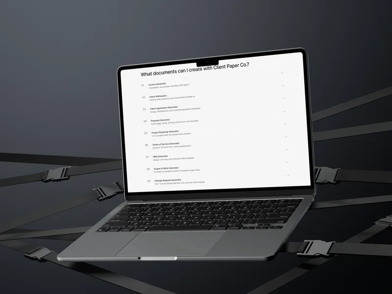 A MacBook Air showing the Client Paper Co. list of documents you can create: invoice, agreement, proposal, roadmap, terms of service, NDA, scope of work, and change request generators